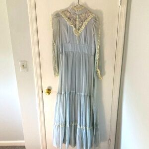 Authentic 1970 Gunne Sax Antique Blue Linen Lace Summer Maxi Flowy Dress S/M